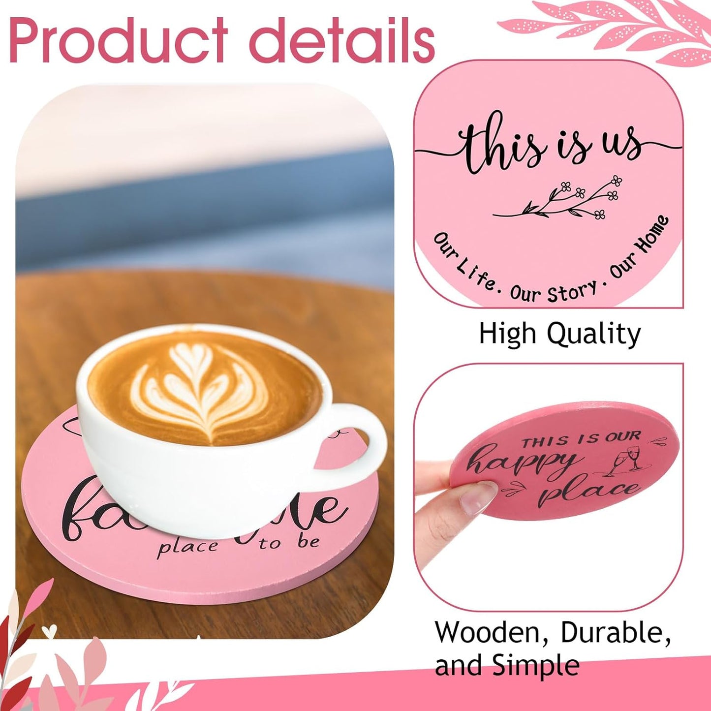 Queekay Housewarming Gifts for Home Decoration Wooden Heart Coasters for Drinks 6 Set Farmhouse Coasters with Holder Funny for Family Coffee Table Protection, 4''(Pink)
