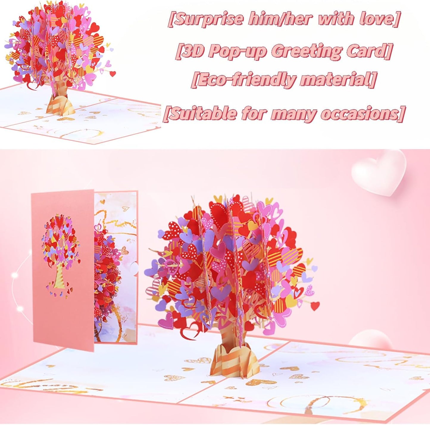 3D Pop Up Cards,Valentines Day Greeting Cards for Women,Gifts Cards for Kids School Heart Card with Envelope for Mother's Day Thinking of You Card for Wife,Girlfriend,Friends(Heart tree card)