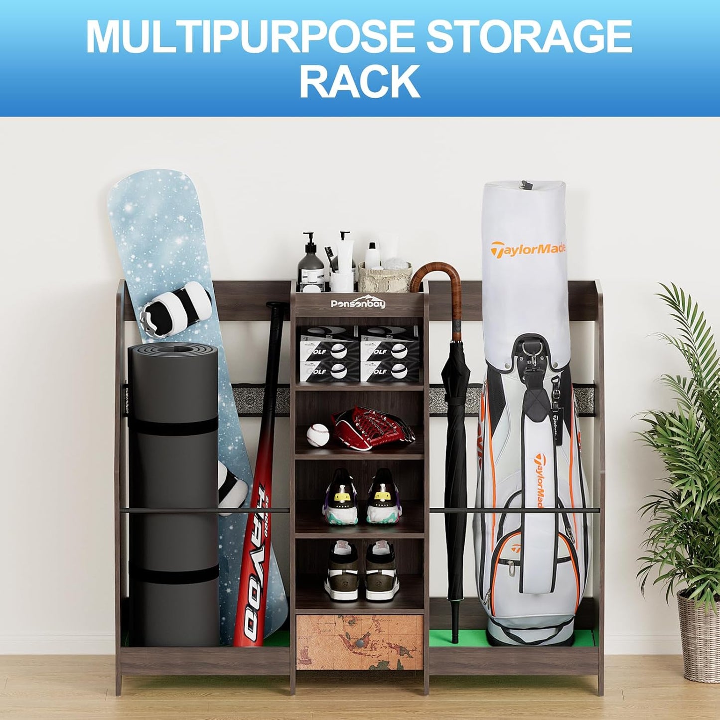Golf Bag Storage Organizer for Garage, Premium Wooden 2 Golf Bags Rack with Drawer, Easy Assemble Golf Club Stand/Holder Suitable for Garage Home Simulator and Office