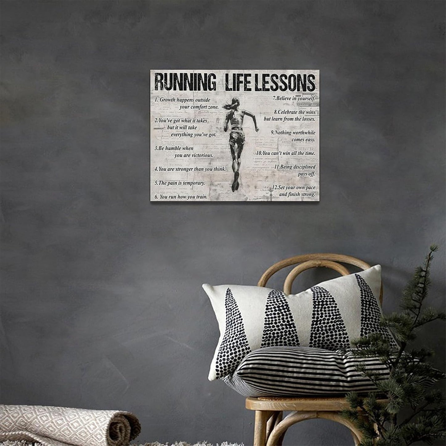 Vintage Running Sports Wall Art Running Life Lessons Wall Decor Running Sign Retro Poster Girl Teenager Room Motivational Decorations Canvas Print Painting Artwork for Bedroom Living Room 16"x12"