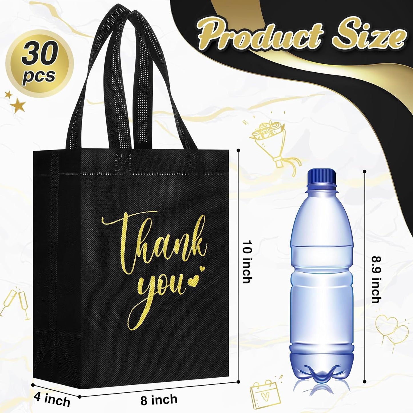 Sweetude 30 Pcs Thank You Gift Bags with Handles Bulk Reusable Goodie Bag Non Woven Foldable Handbag for Graduation Wedding Bridesmaid Gifts(10 x 8 x 4 Inch,Black)