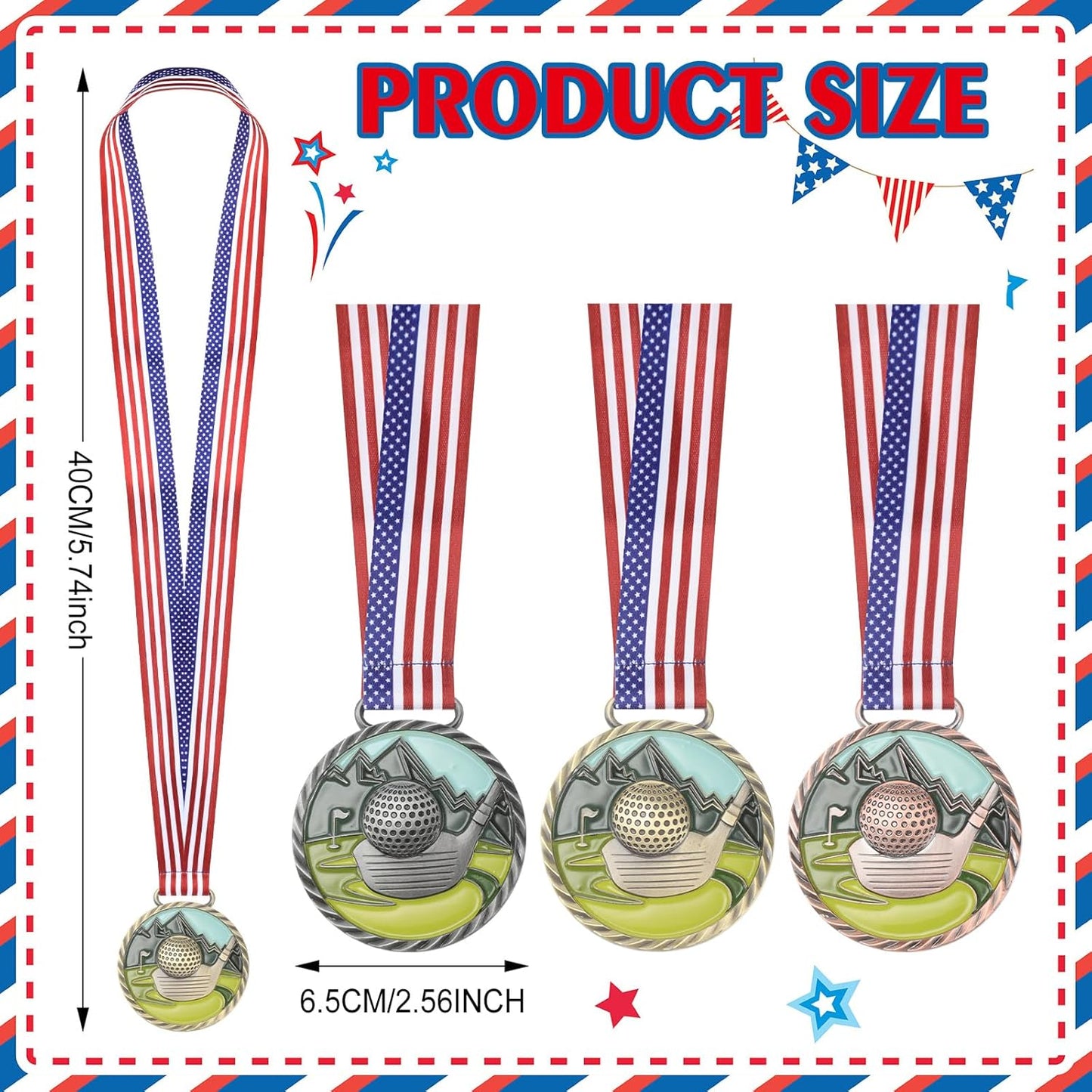 3 Pcs Golf Color Medal Gold Silver Bronze Golf Ball Award Medals with Neck Ribbon for Kids Adults Sports Tournament