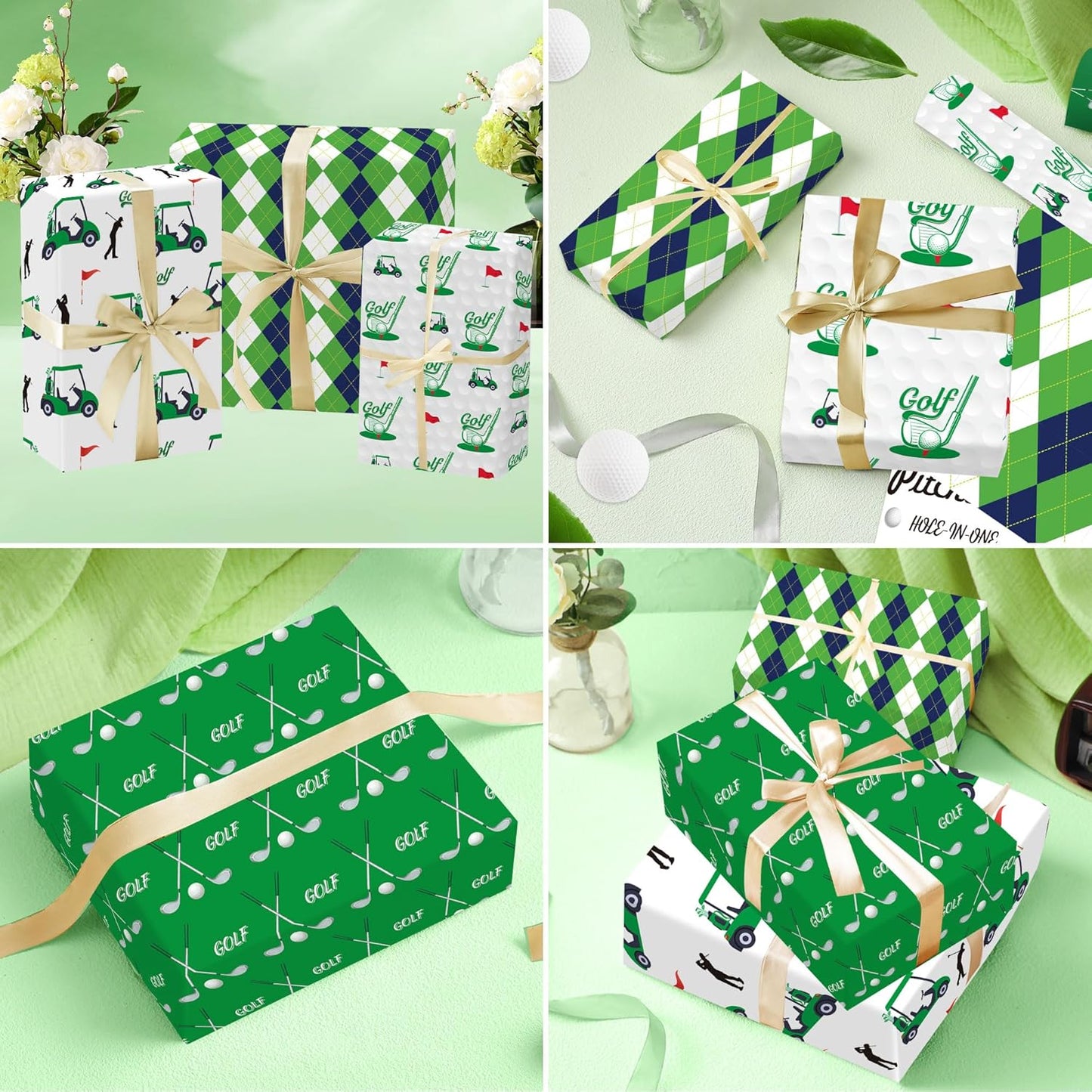 EoBeCy Golf Wrapping Paper for Men Boys, 12 Sheets Folded Gift Wrap with Golf Carts, Flags, Clubs, Green and Blue Argyle Designs, Sports Wrapping Paper for Father’s Day Birthday Retirement, 20"×28"