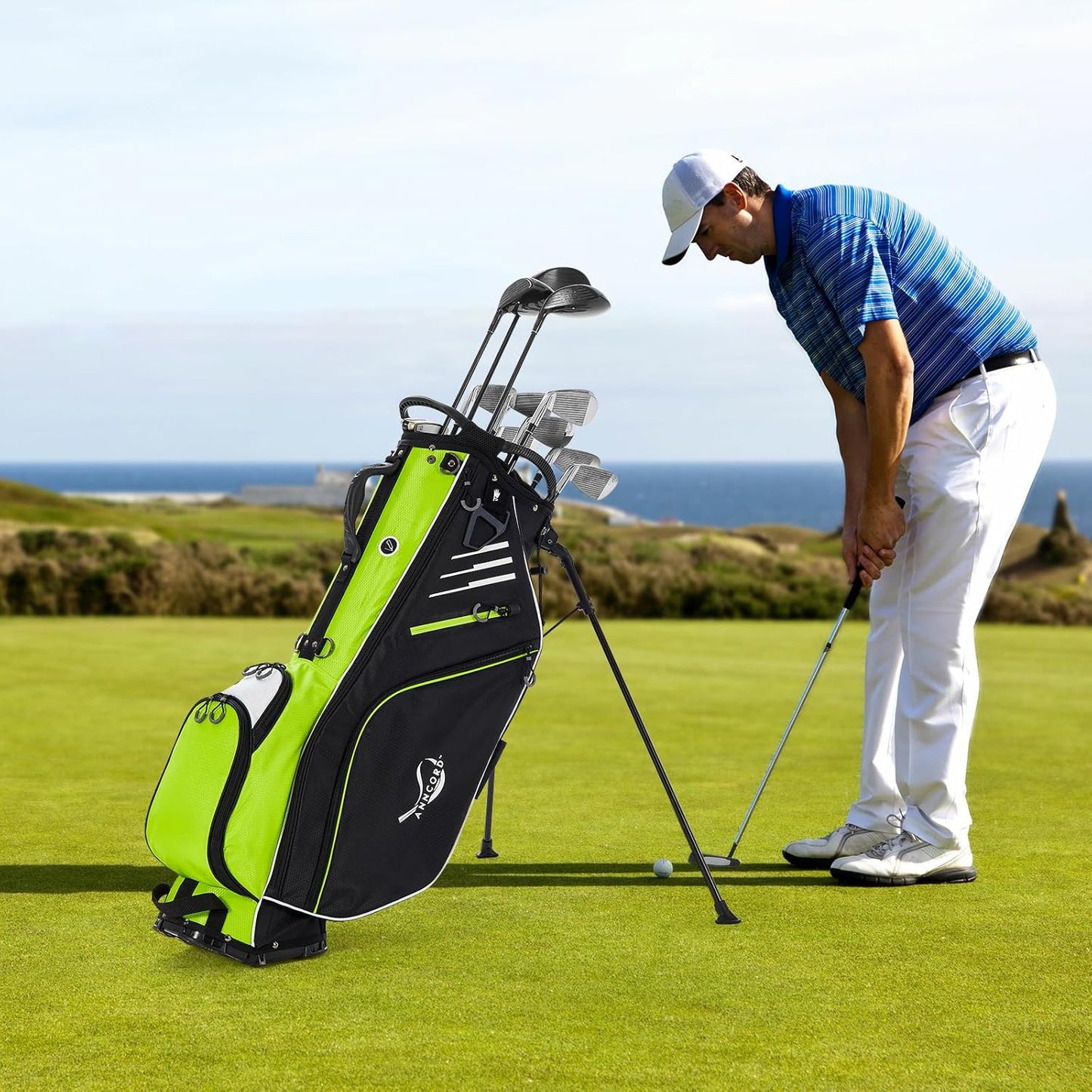 Golf Stand Bag 14 Way Top Dividers Full-Length with Stand, 8 Pockets, Cooler Pouch, Waterproof Golf Bag for Men, Dual Strap, Rain Hood