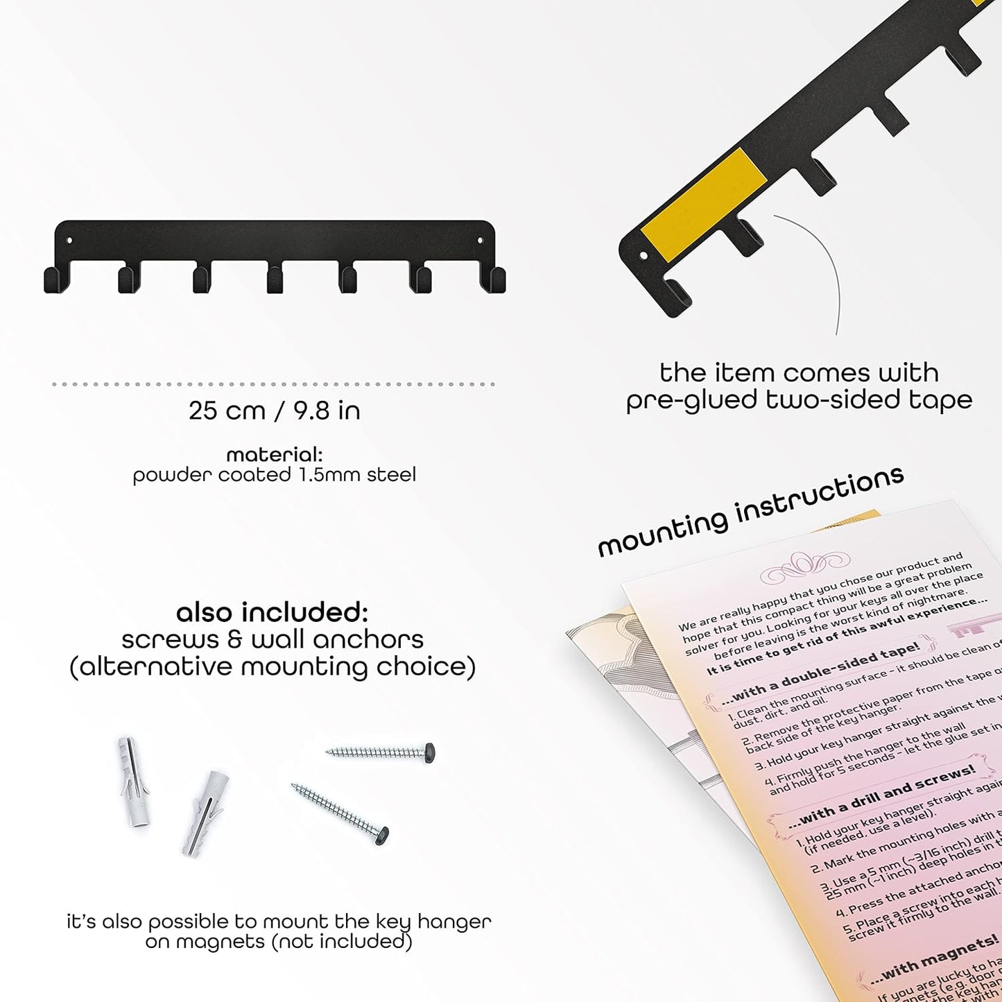 Key Holder Steel Metal Wall Key Hanger with Hooks for car, Apartment, Storage, Keys Black. Adhesive Tape Included.