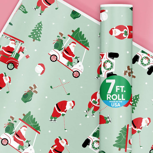 Big Dot of Happiness Golfing Santa Wrapping Paper, Golf Christmas Holiday Gift Wrap Roll, Funny Santa Christmas Gift Paper, 24 in x 7 feet, 1 Roll