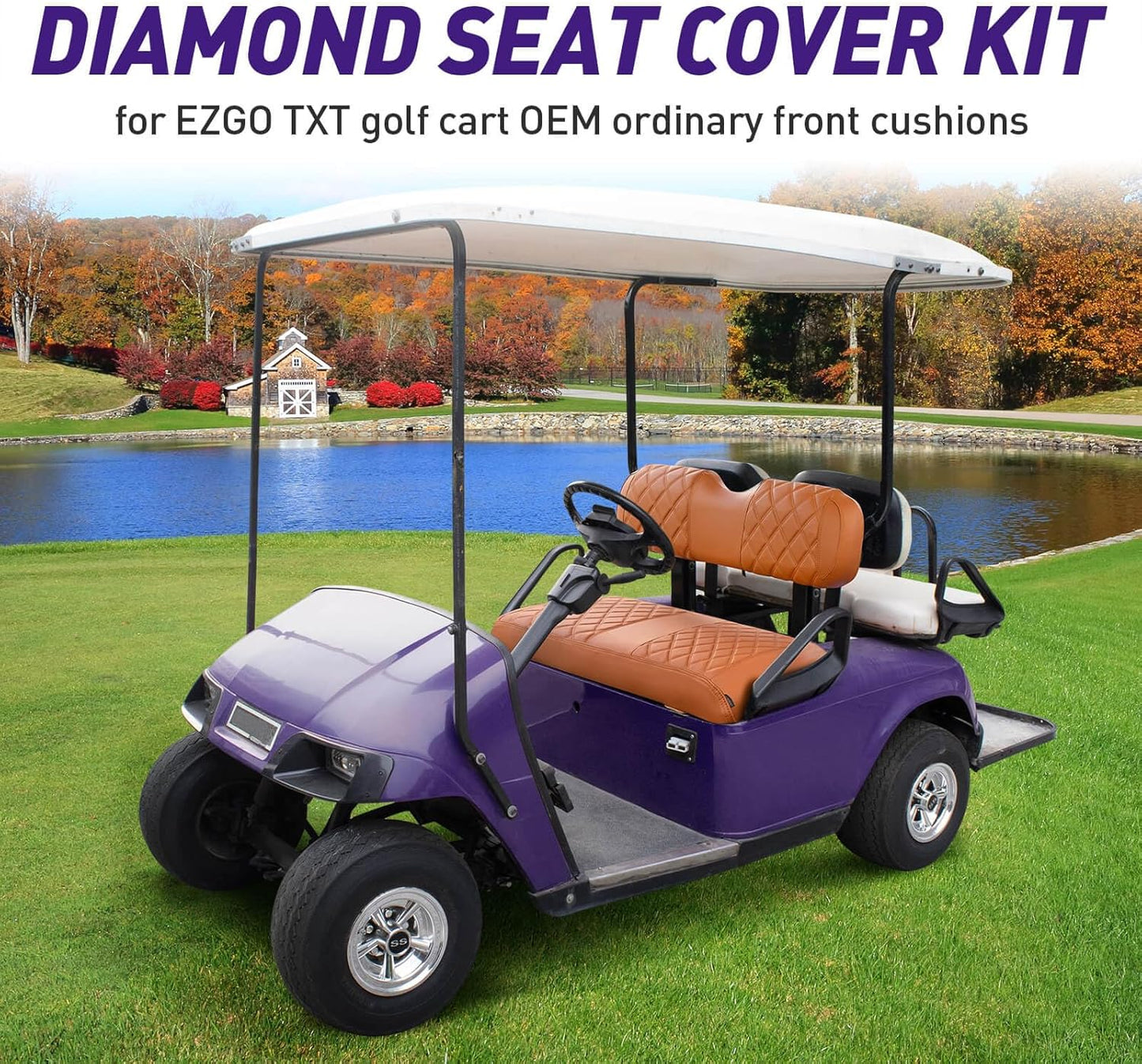 NOKINS Golf Cart Diamond Seat Covers Kit, Fit for EZGO TXT 1994-2013/EZGO RXV OEM Standard Front Seat Cushion, Golf Cart Vinyl Seat Cover, No Nails Required (All Brown)