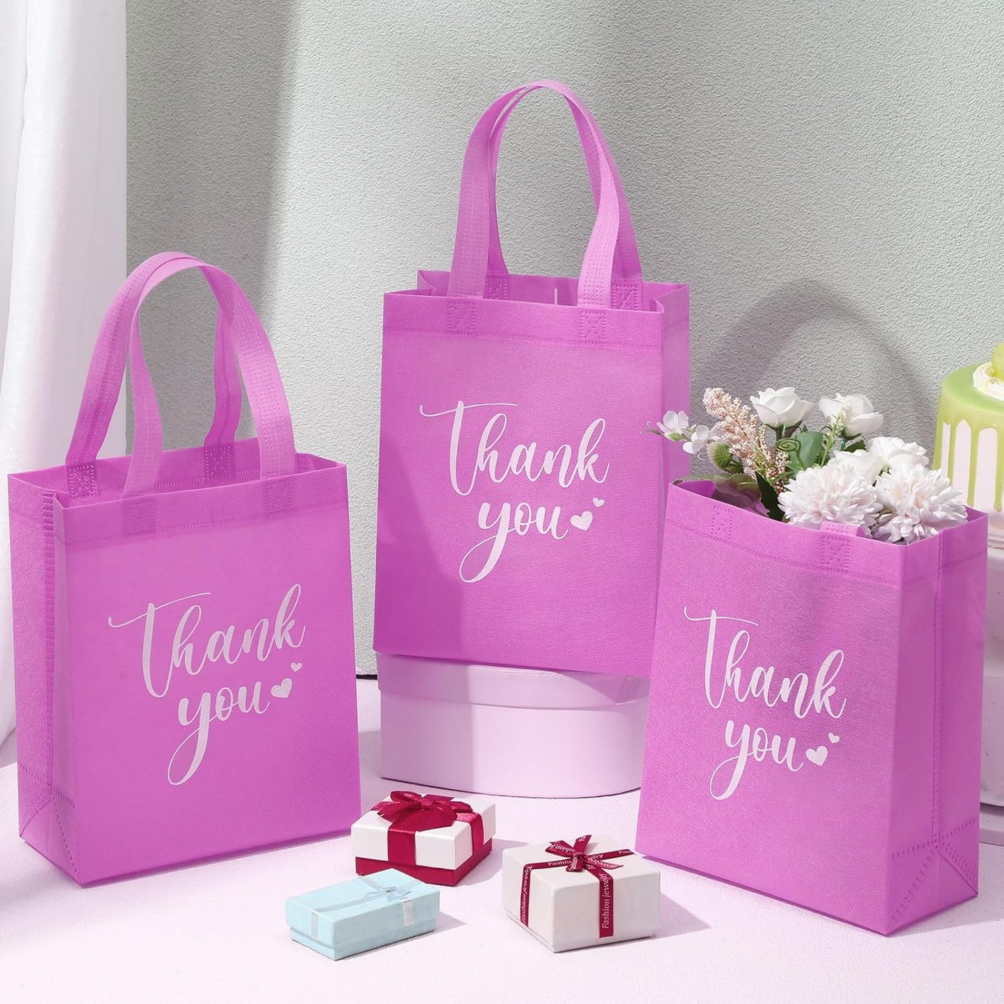 Sweetude 30 Pcs Thank You Gift Bags with Handles Bulk Reusable Goodie Bag Non Woven Foldable Handbag for Graduation Wedding Bridesmaid Gifts (10 x 8 x 4 Inch,Pink)