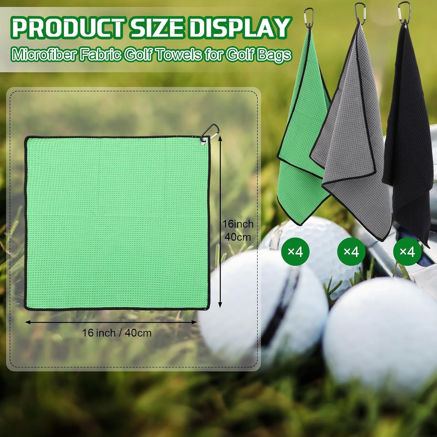 Batiyeer 12 Pcs Golf Towel Bulk for Golf Bags 16'' x 16'' Microfiber Fabric Towel with Clip Waffle Pattern, Fitness, Camping, Hiking, Yoga