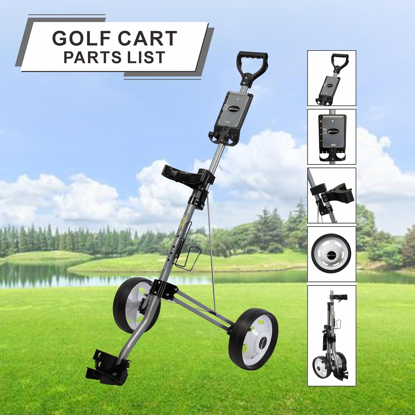 X-Lite Golf Push Cart Two Wheel, Ultra Lightweight & Compact Golf Bag Cart, Foldable for Easy Storage, Ergonomic Handle, Built-in Scorecard & Ball Holder, Smooth Rolling Wheels, Silver