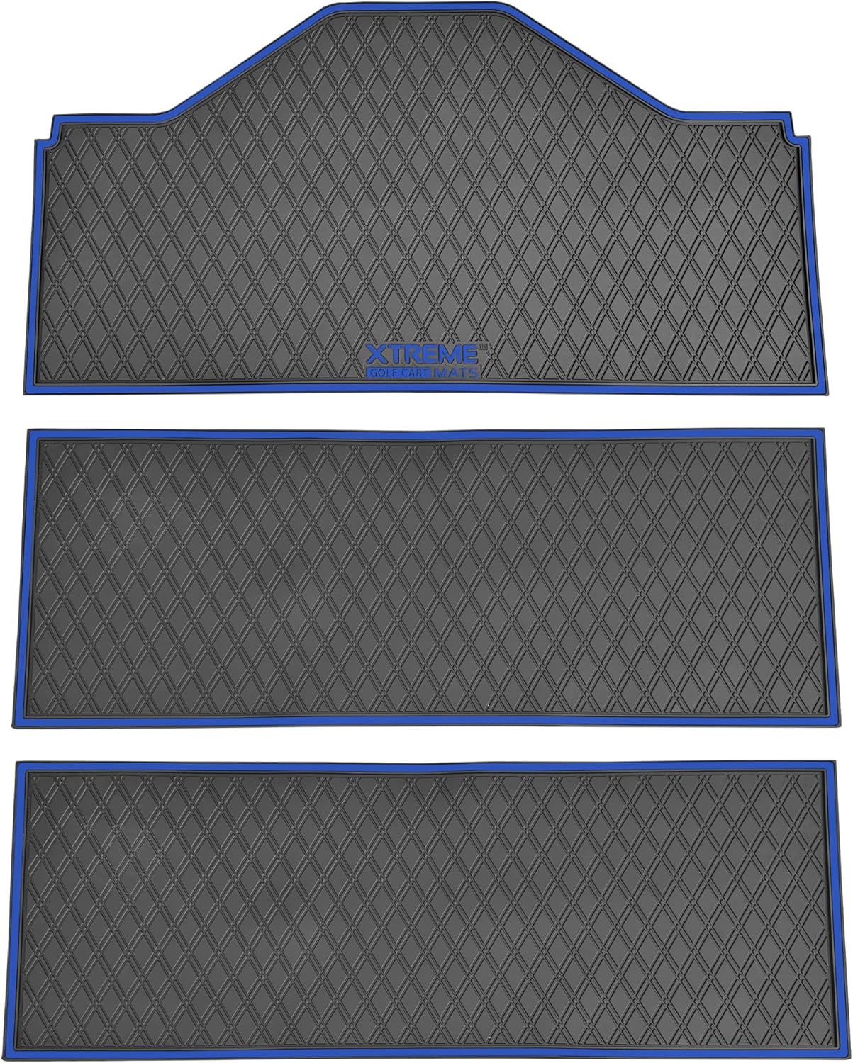 Xtreme MATS Evolution D5 Golf Cart Floor Mat Set- Rubber Double Diamond Design - Fits DMAX, GT 4 & 6, D5 6F Including Maverick and Ranger Trims (Blue Trim, D5 6F 1st, 2nd, & 3rd Rows Forward Facing)