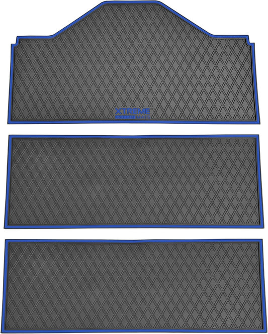 Xtreme MATS Evolution D5 Golf Cart Floor Mat Set- Rubber Double Diamond Design - Fits DMAX, GT 4 & 6, D5 6F Including Maverick and Ranger Trims (Blue Trim, D5 6F 1st, 2nd, & 3rd Rows Forward Facing)