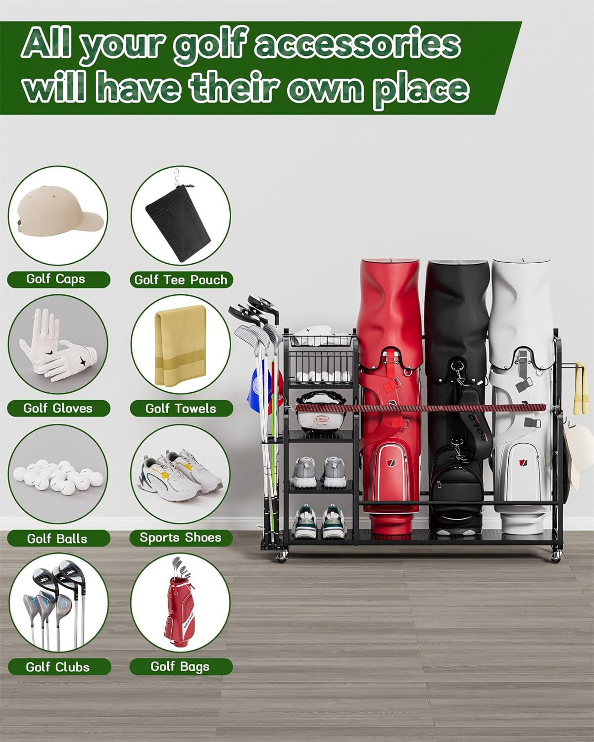 Golf Bag Organizer for 3 Golf Bags, Golf Bag Storage Rack For Garage, Golf Accessories For Men, Extra Large Size Golf Bag Storage Stand Golf Club Holder and Golf Gear Rack, Golf Gifts for Men