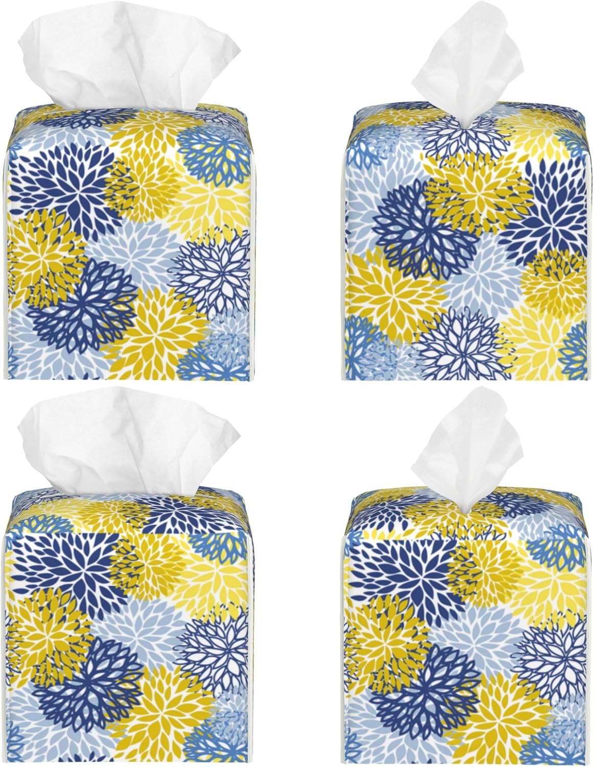 Yellow and Navy Chrysanthemum Flower Tissue Box Cover Leather Tissue Box Holder Square Facial Paper Organizer Dispenser for Bathroom Kitchen Bedroom Vanity Countertop Night Stands