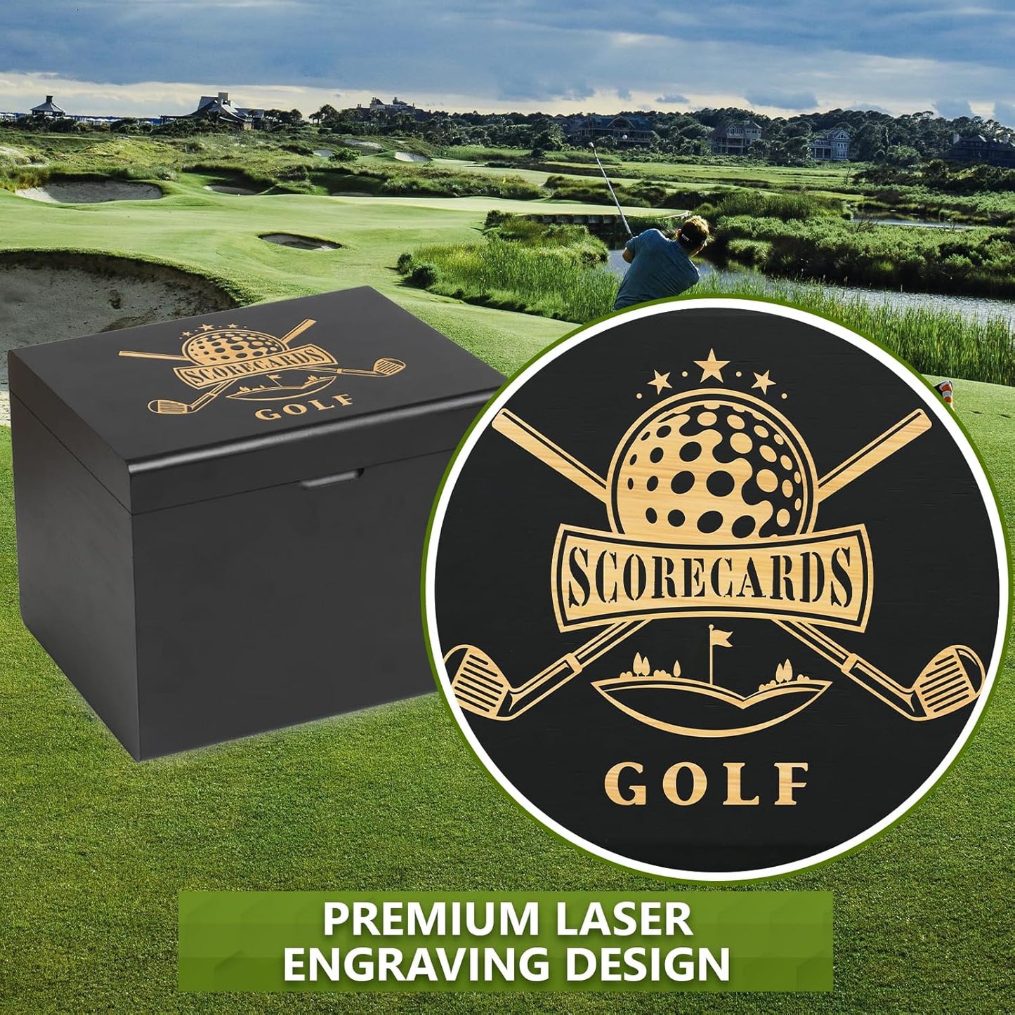 Golf Storage Box Golf Gifts - Golf Scorecard Collection Box with 5 Wooden Dividers - Golf Organizer for Scorecards, Photos, Keepsakes; Fathers Day Dad Gifts for Men from Wife (Black)