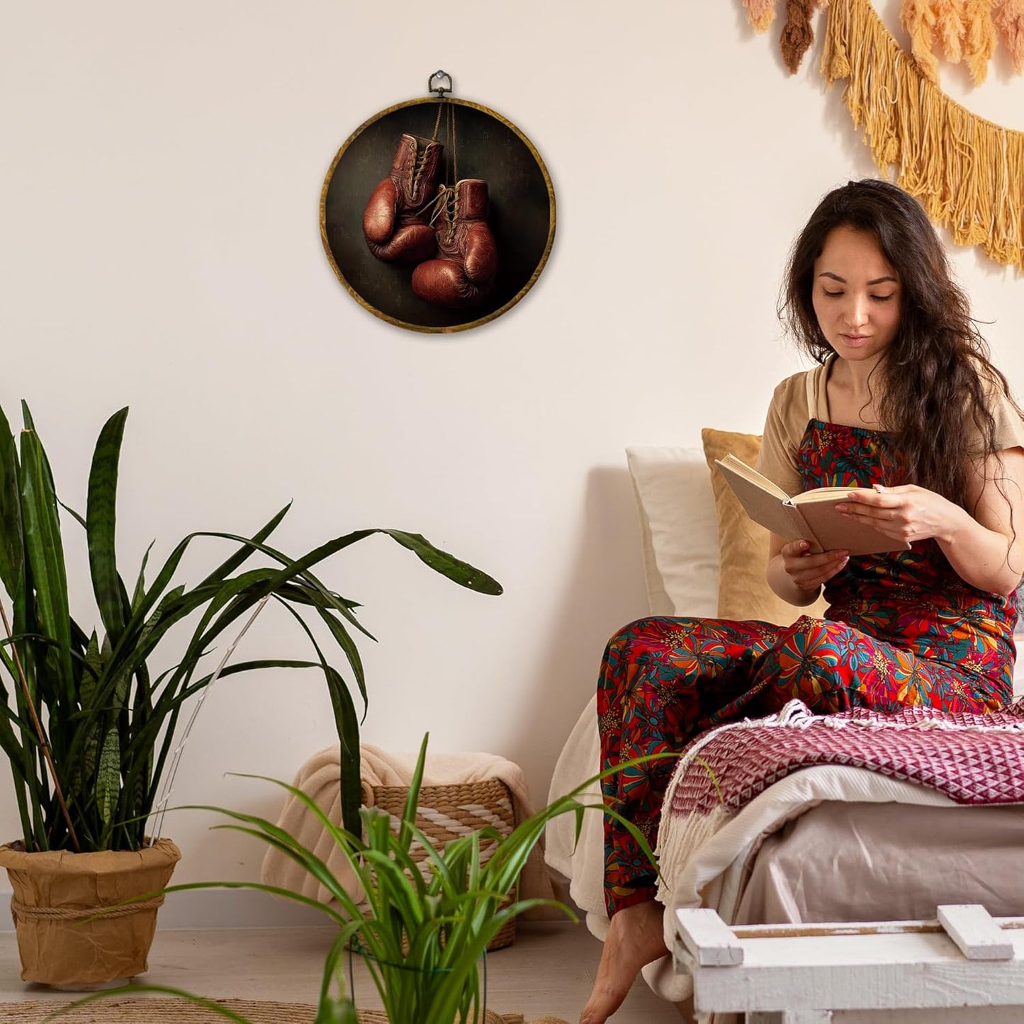 Vintage Red Boxing Gloves Wall Art Decor, Sport Framed Canvas Prints 10x10, Rustic Retro Boxing Round Wall Hanging Artwork Decorations for Home Bedroom Gym Sport Room Man Cave