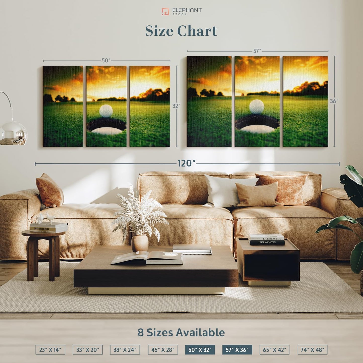 ElephantStock Golf Ball Wall Art - Horizontal Canvas - 3-Piece Living Room Wall Decor - Photography Sports Canvas Print - Orange and Yellow Decor for Wall - 50" X 32"