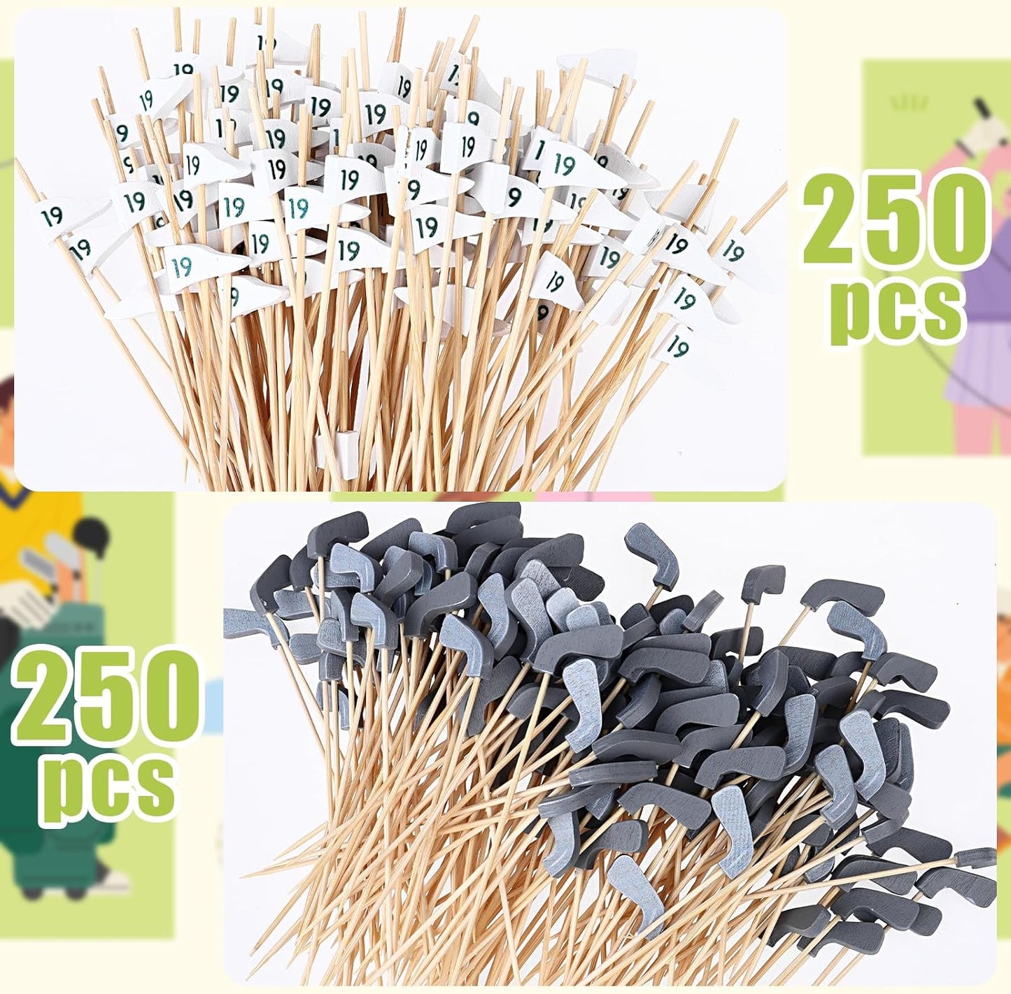500PCS Golf Cocktail Picks 5.3inch Bamboo Golf Toothpick for Appetizers Golf Club Drink Cocktail Stirrers Golf Cake Topper Flags Golf Cocktail Toothpicks Golf Cake Topper for Golf Party Decorations
