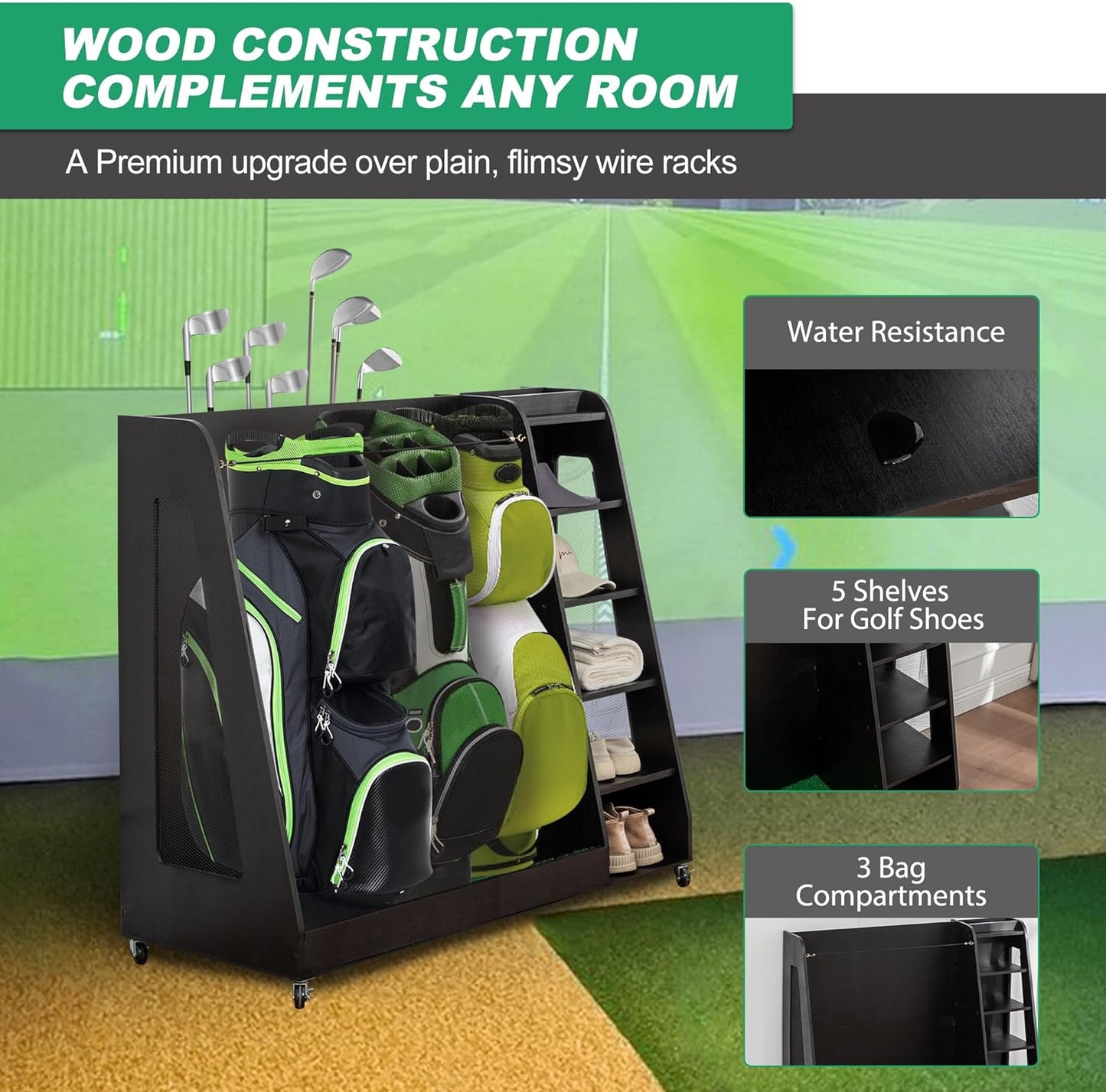 Wooden Golf Bag Organizer Garage Large Golf Bag Storage Rack Stand with Wheels Fits 3 Golf Bags, Golf Clubs and Other Golfing Equipment Accessories Golf Bag Holder for Garage, Club, Shed Basement