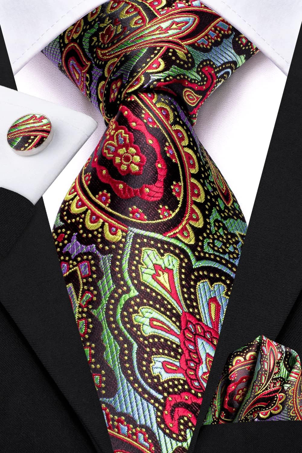 Dubulle Mens Paisley Striped Tie WOVEN Necktie for Men and Handkerchief Cufflinks Set Wedding Formal Business