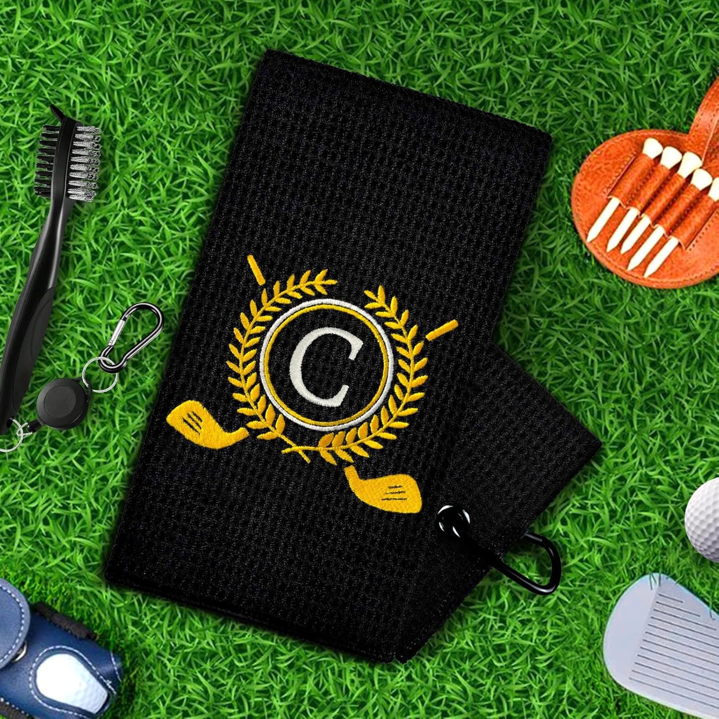Personalized Golf Towels for Golf Bags - Microfiber Monogrammed Golf Towels for Men/Women, Retractable Brush Tool Kit with Club Groove Cleaner, Custom Golf Accessories for Golfers (Initial C)