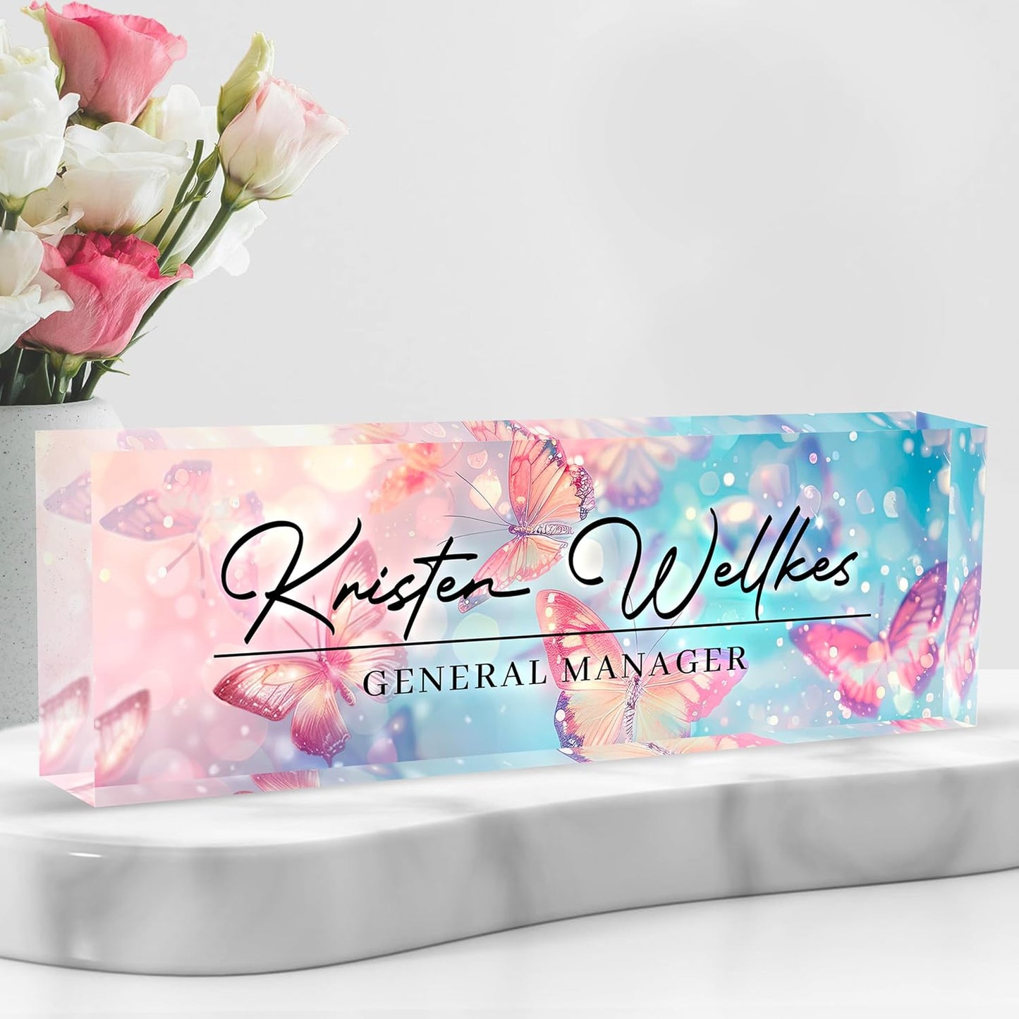 Personalized Name Plate for Desk Custom Acrylic Desk Name Plate Custom Employee Appreciation Gifts Office Gifts for Women, Men, Boss, Coworkers, Teacher, Nurse (Pink-Blue Butterfly)