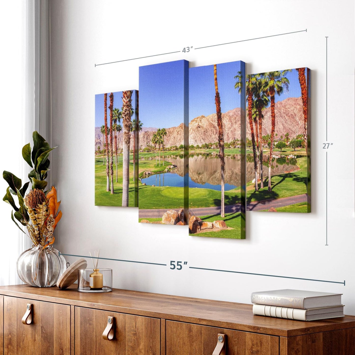 ElephantStock La Quinta Golf Course Wall Art - Horizontal Canvas - 4-Piece Living Room Wall Decor - Photography Sports Canvas Print - Beige and Brown Decor for Wall - 43" X 27"