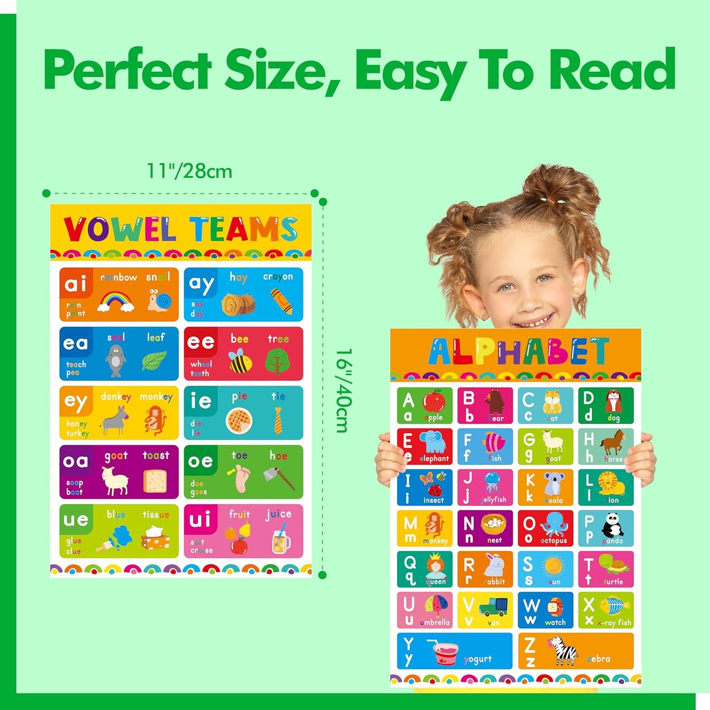 17 English Phonics Posters, Language Education Charts, Learning Vowels, Alphabet Posters, PET Film Covered Phonics Learning Tool For Kindergarten Classroom, Bulletin Board, Kids’ Room, 11”x16”
