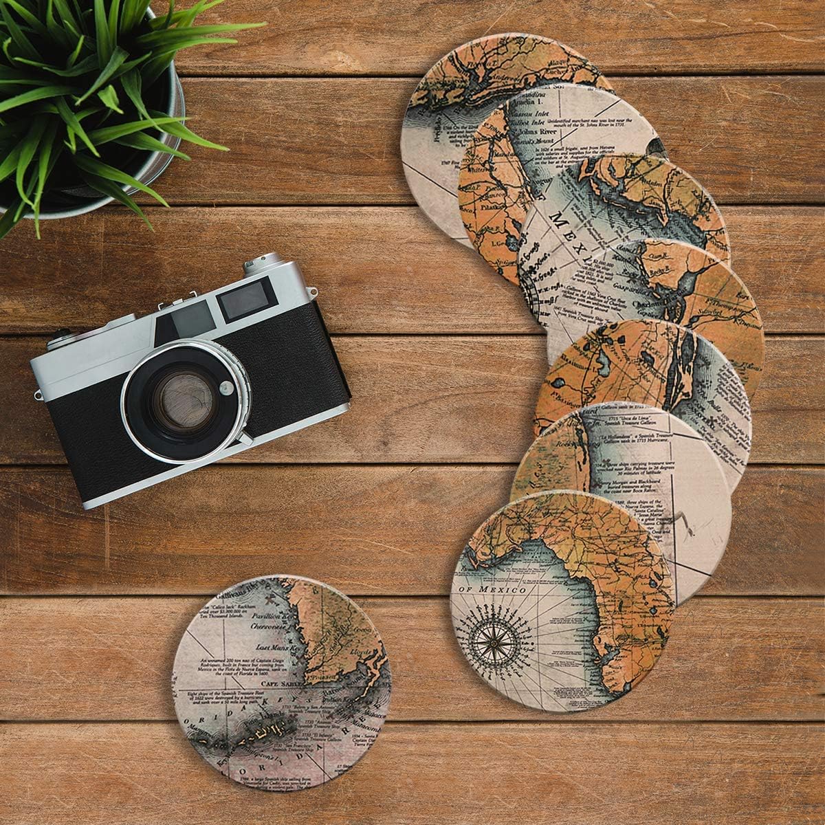 Darate Absorbent Coasters with Holder Set of 8, Coasters for Drinks, Unique Housewarming Gift, 4 Inch Round Coaster for Bedroom, Home, Office, Bar, Dining Room, Living Room, Kitchen (Nautical Chart)