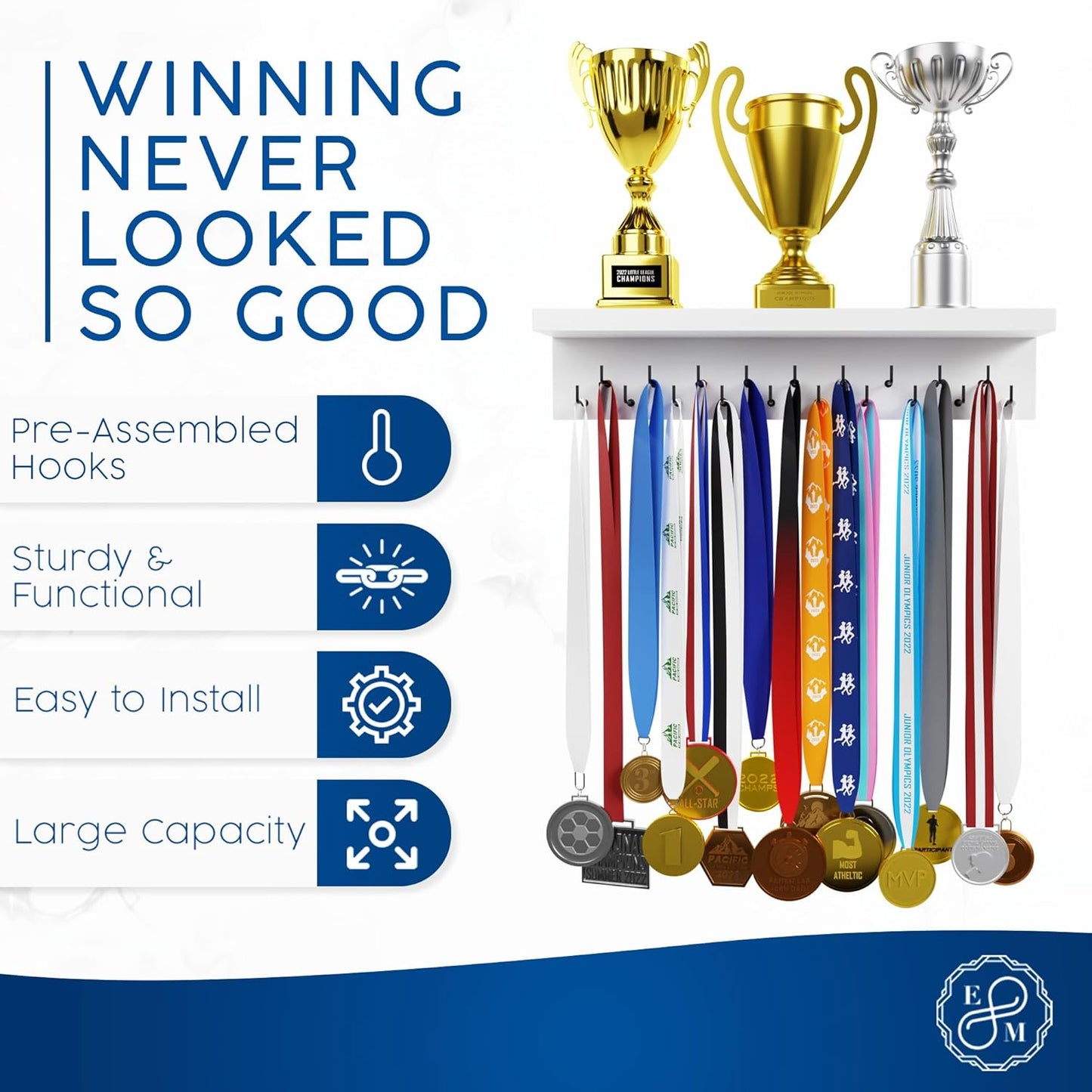 EVERMORE Medal Hanger Display and Trophy Shelf with Hooks - Wooden Medal Holder for Wall Mount Ribbon Display, Trophy Display Shelf for Gymnastics, Soccer, Running Race Medals Awards Rack