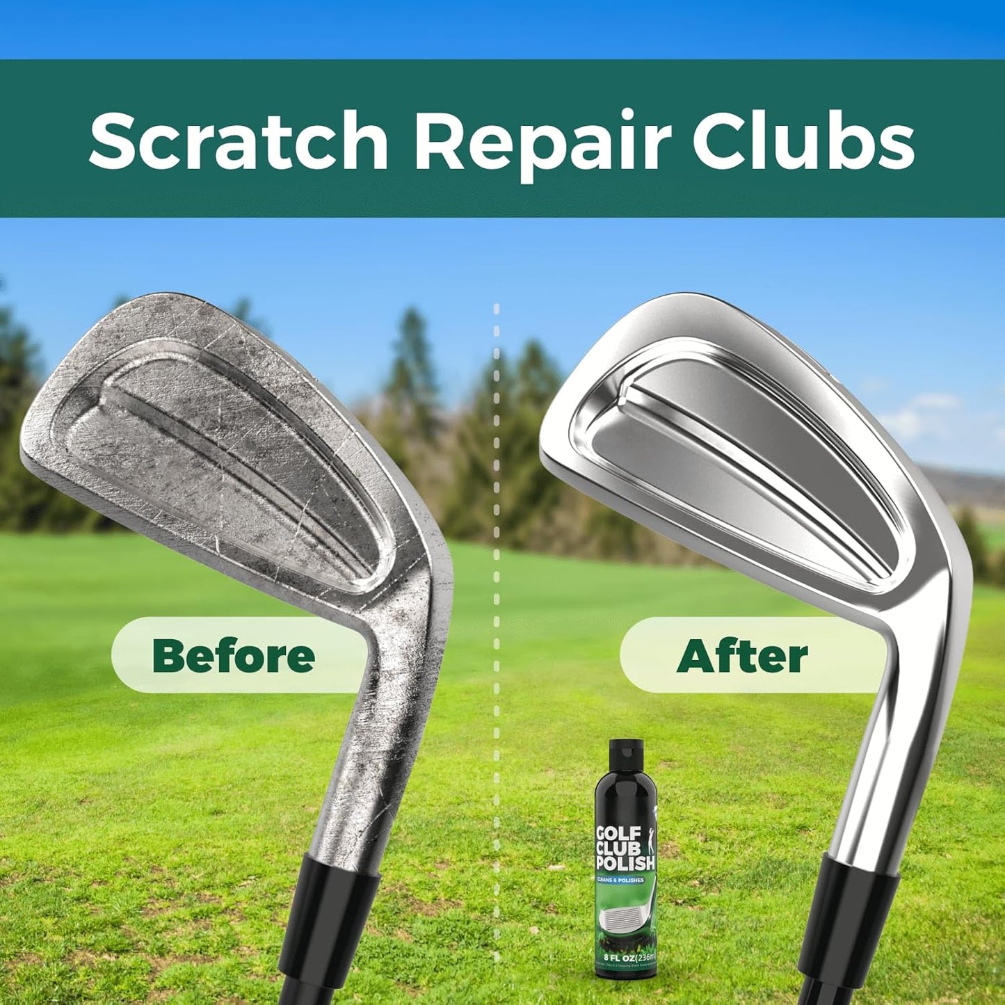 Qucship 8oz Golf Club Polish with Towel, 4-in-1 Golf Club Polishing kit - Easy to Use Golf Club Cleaner and Scratch Remover, Long Lasting Golf Club Polish for Metal, Zinc, Aluminum & Steel Clubs