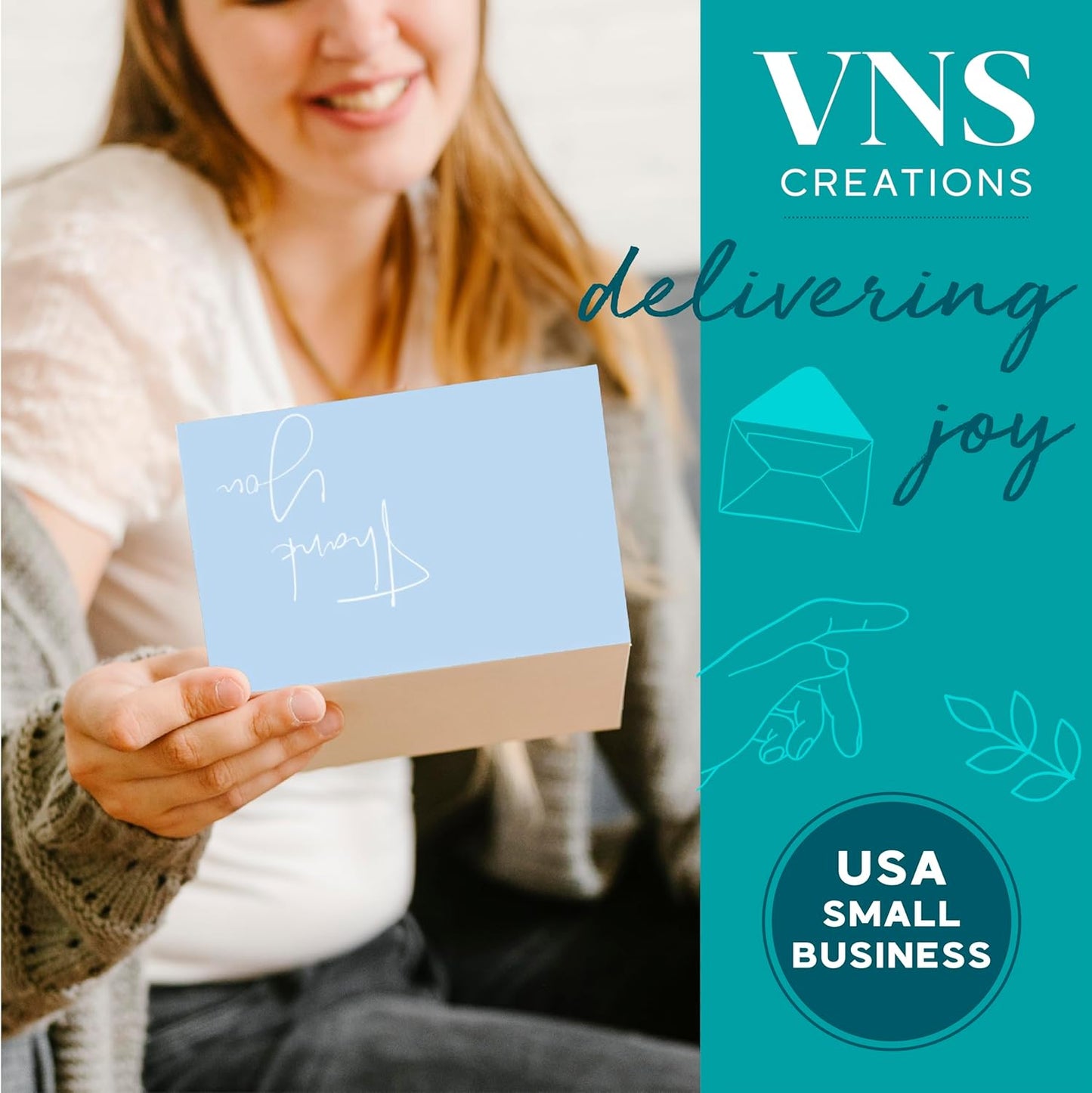 VNS Creations 20 Pack Thank You Cards With Envelopes, Stickers, 4x6 Inch Blank Thank You Notes - Bulk Box Set Large Notes for Graduation, Wedding, Small Business, Baby & Bridal Shower - Light Blue