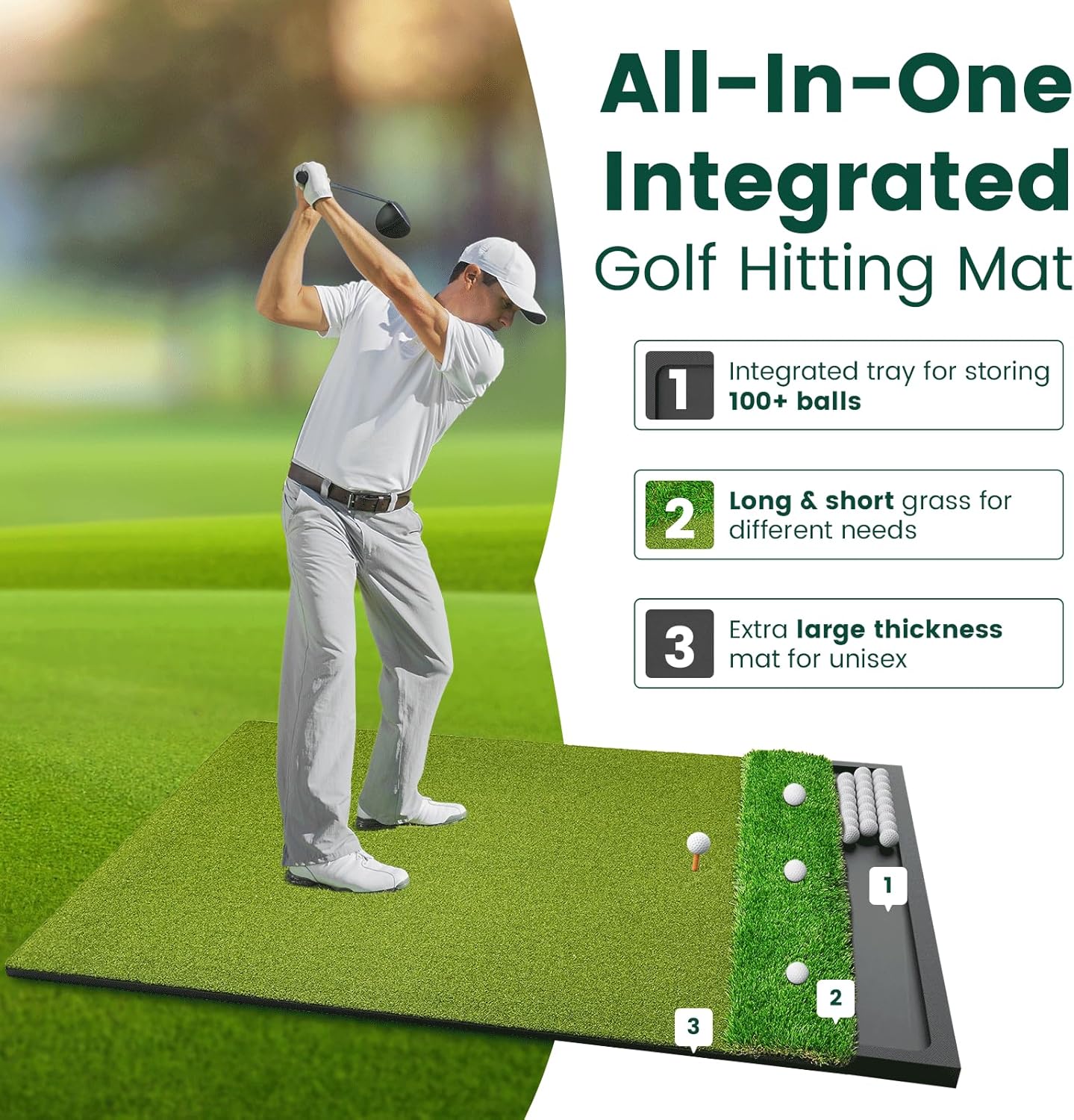 Golf Hitting Mat with Ball Tray 5x4ft - 6x4ft Dual-Turf Practice Mat for Indoor & Outdoor Use Golf Training Mat with Rubber Tee Holes, Suitable for Swing Driving & Chipping