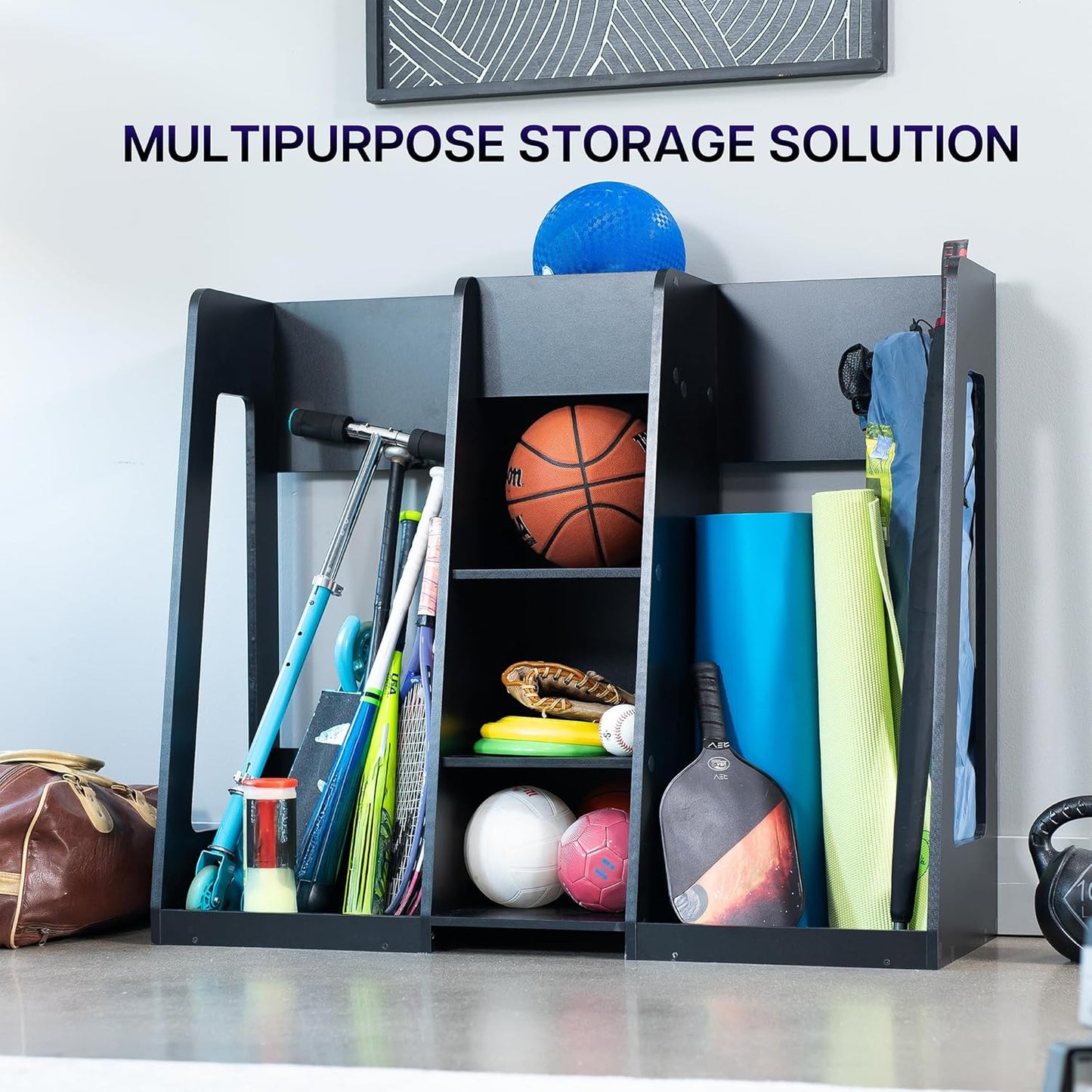 Life Finds Golf Bag Organizer, Storage Holder for Garage with 2 Side Compartments, 3 Middle Cubbies, and More, Black, LF-GBS1