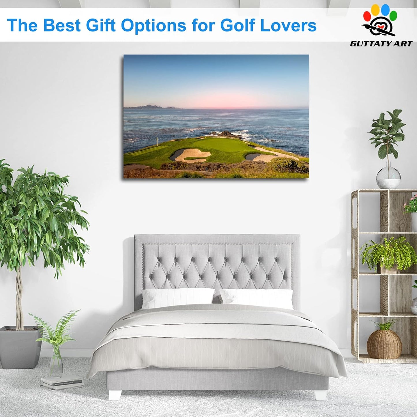 Golf Canvas Wall Art, Pebble Beach Golf Links Painting Prints for Living Room Wall Decor, Men's Sports Golf Course Poster Picture for Bedroom Decor, Framed Artwork for Office Home Decor 32x48 Inches