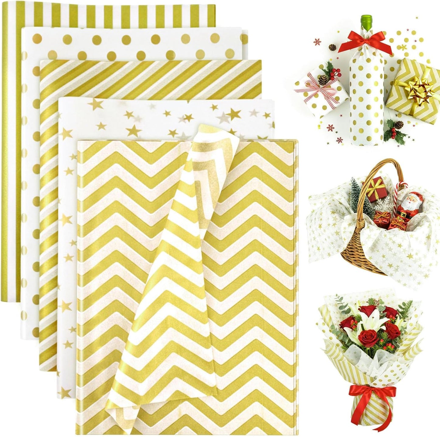 Koogel 100 Sheets Tissue Paper, 20 x 14 Inch White Gold Tissue Paper for Gift Bags, Stars and Stripes Pattern for Christmas Gift Wrapping and DIY Crafts