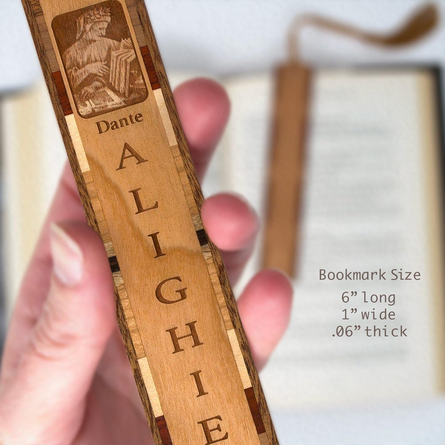 Dante Alighieri, Italian Poet Portrait and Name, Engraved Wooden Bookmark - Made in USA