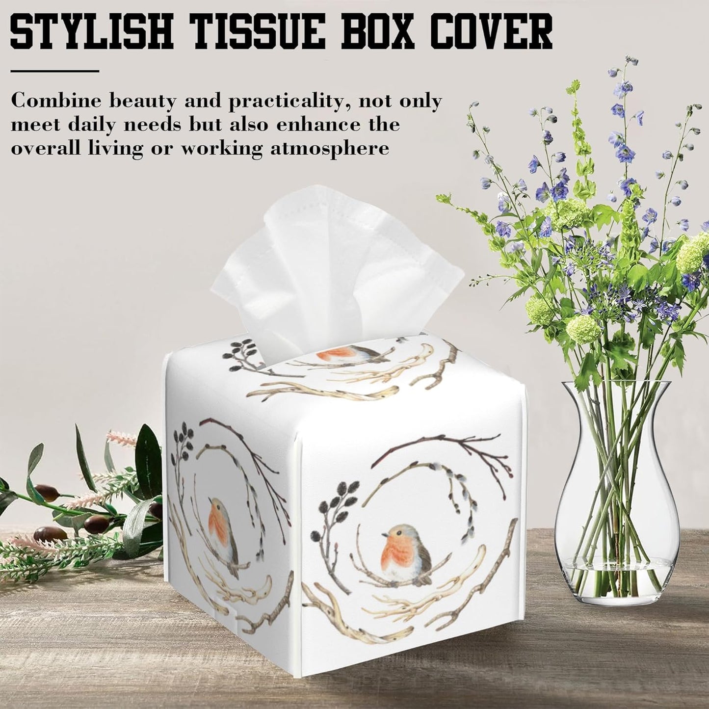 Watercolor Bird on Branches Tissue Box Cover Square, Tissue Box Holder Leather Facial Paper Case Decorative Organizer Holder Dispenser Home Office Car Decor