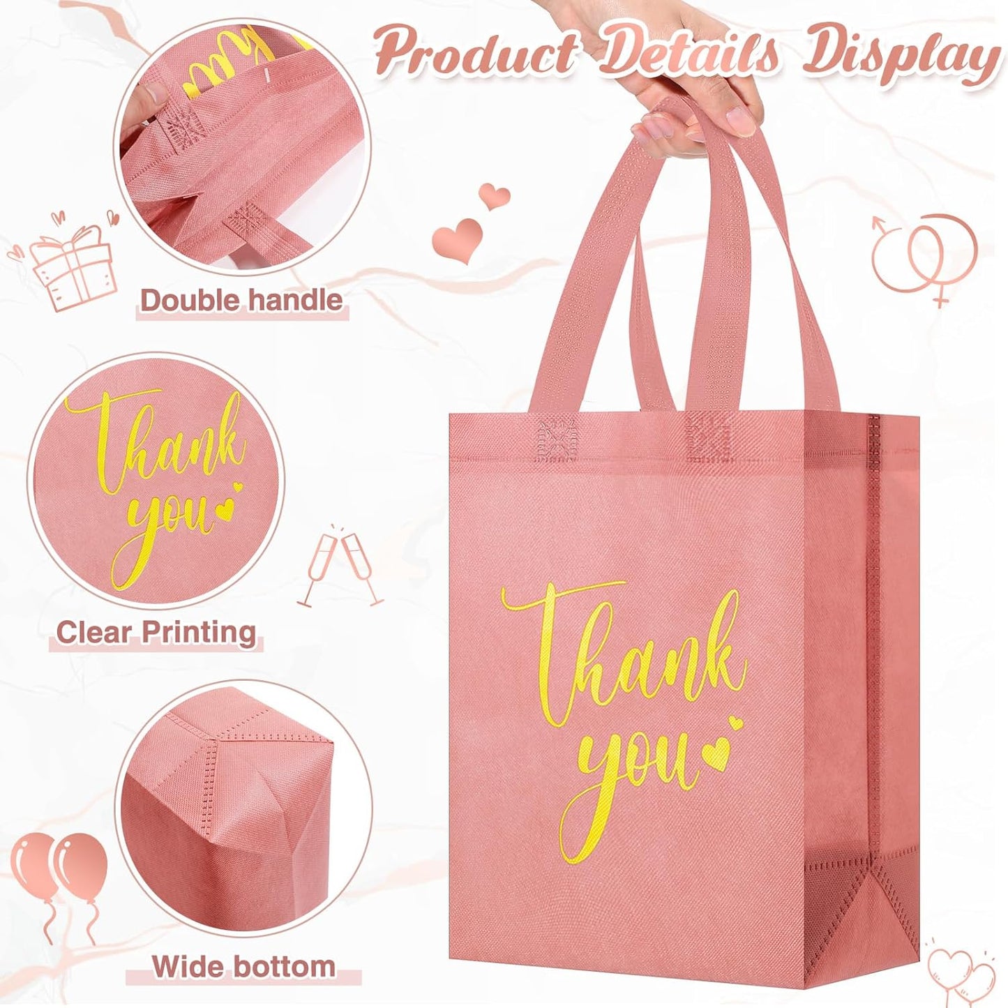 Sweetude 30 Pcs Thank You Gift Bags with Handles Bulk Reusable Goodie Bag Non Woven Foldable Handbag for Graduation Wedding Bridesmaid Gifts(10 x 8 x 4 Inch,Leather Pink)