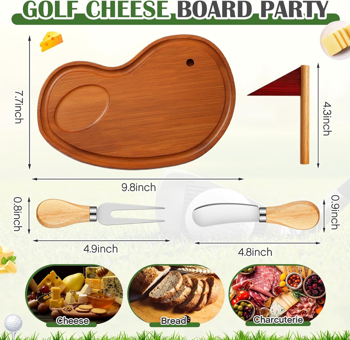 Golf Cheese Board Gift Set Party Favor Prizes Charcuterie Wood Board with Knives and Box Father Day Gift for Dad Grandpa Party Tournament Game(9.8" x 7.7", Carbonized Color)