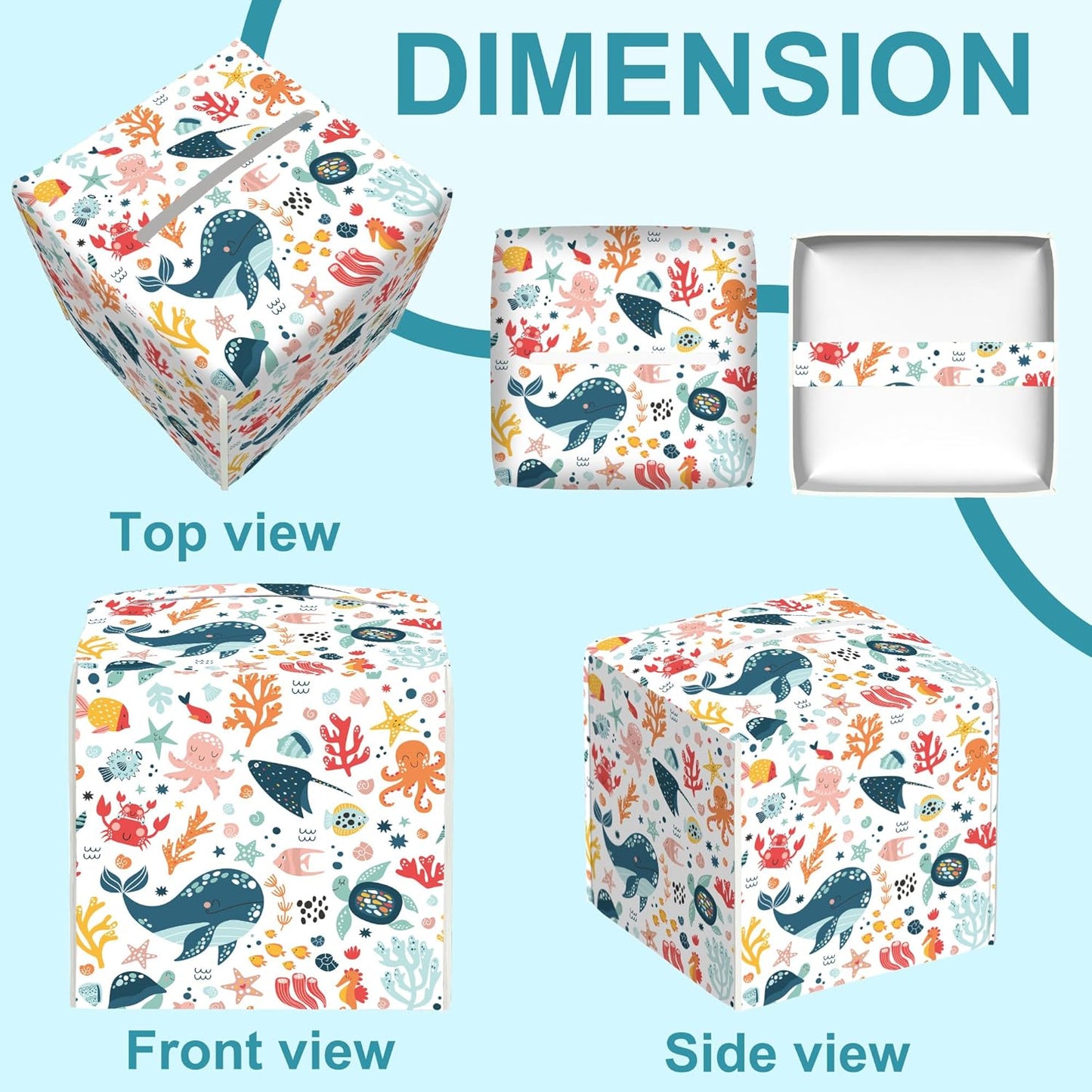 Cute Sea Life Tissue Box Cover,Whale Tissue Box Holder Square with Bottom Belt,Waterproof Leather Organizer Portable Decorative Facial Paper for Bedroom Dresser Night Stand Office,5.2" x 5.2" x 5.2"