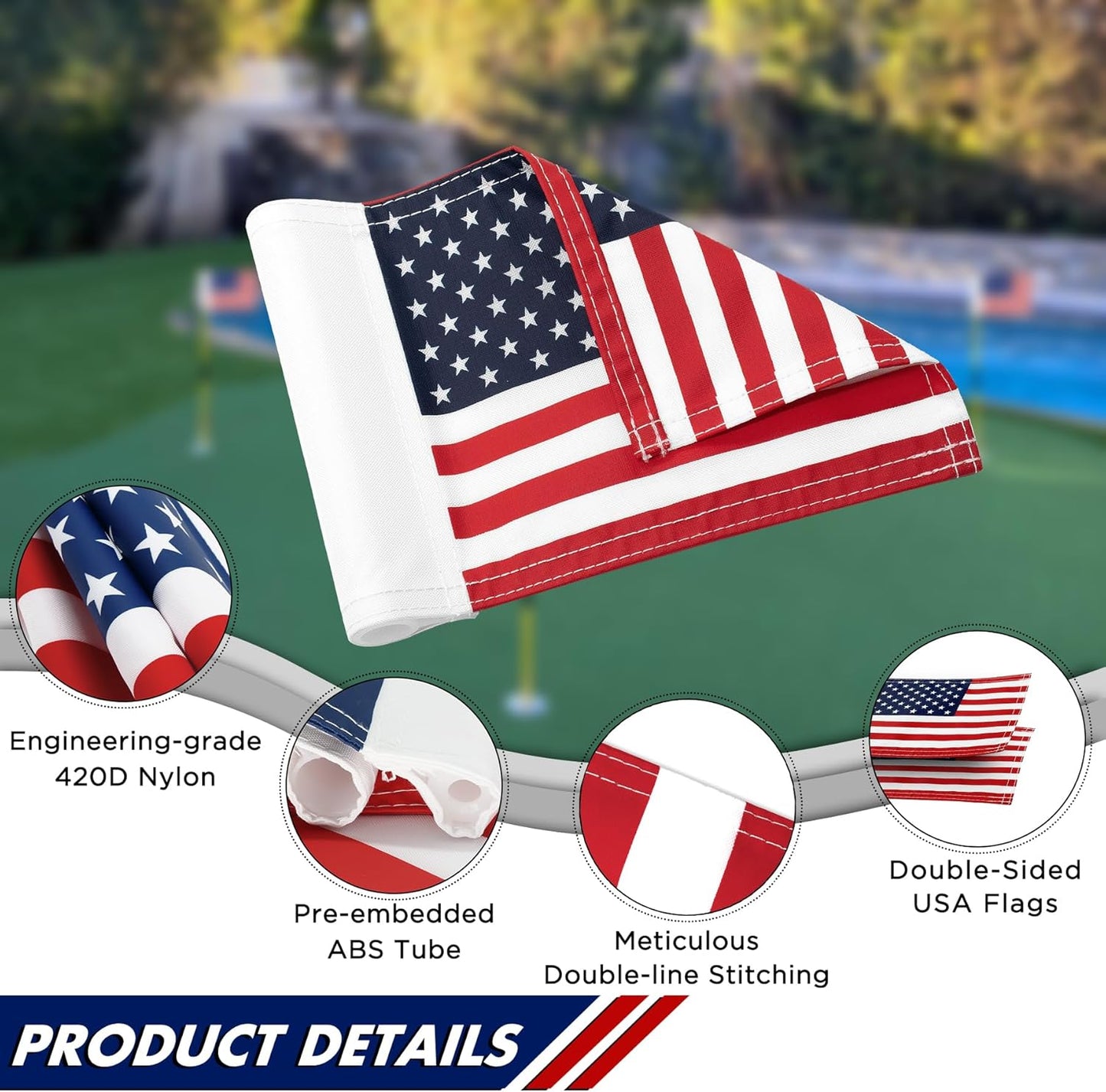 KINGTOP USA Golf Flag 8x6 Inch – Premium Dual-layer 420D Nylon, Double Sided American Pattern Printing, Tube Inserted – Mini Practice Putting Green Flags for Yard, 3-Pack