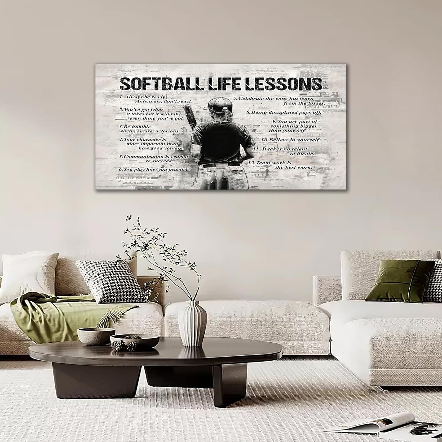 Softball Sports Wall Art for Living Room - Large Size Life Lessons Decor Sign - Retro Canvas Prints Inspirational Pictures Painting Artwork for Home Decoration Master Bedroom 60"X30"