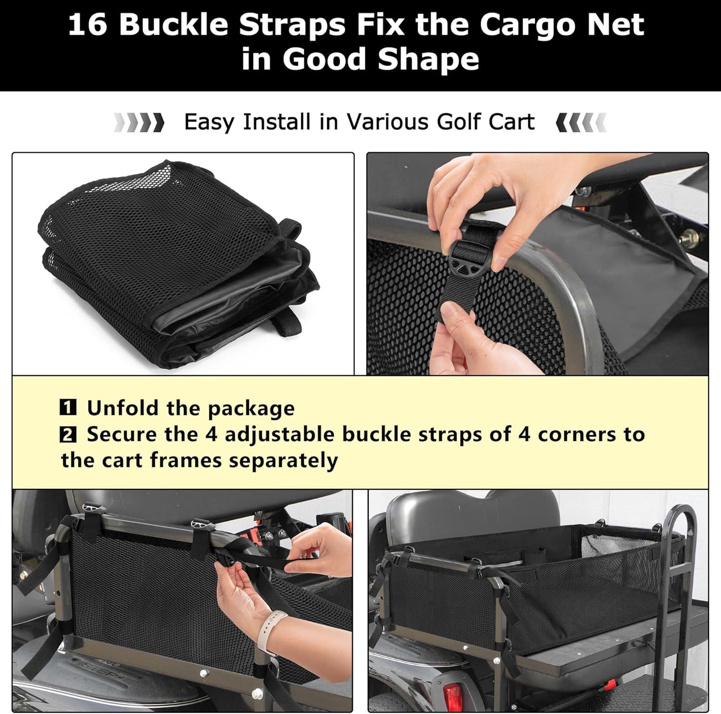 Golf Cart Cargo Mesh Organizer Compatible with Yamaha, Club Car, EZGO, Golf Cart Storage Net with Adjustable Buckle Strap