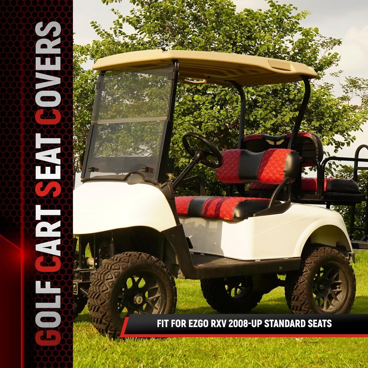 Golf Cart Seat Covers for EZGO RXV 2008 Up Front OEM Universal Seat Cushion, Marine Grade Vinyl Leather EZGO RXV Seat Covers/Easy to Install-Deep Red (2PCS)