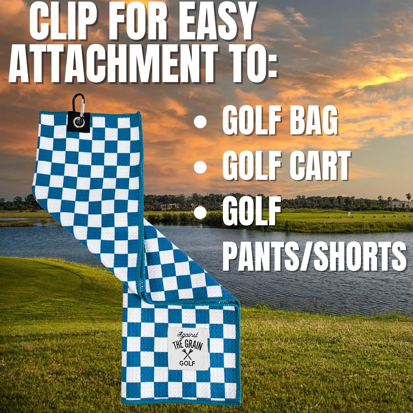 Against The Grain Blue Microfiber Golf Towel with Clip - (12"x20") Blue & White Checkered Design Golf Club Towel, Golf Towels for Golf Bags for Men & Women