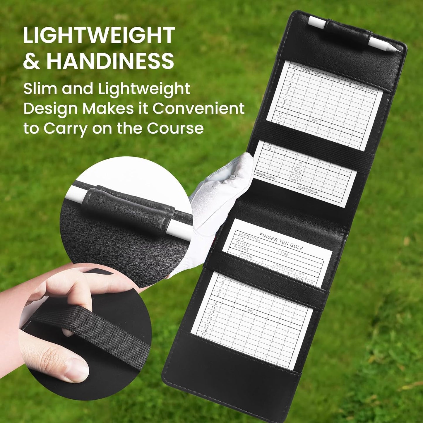 FINGER TEN Golf Scorecard Holder with 2 Free Pencils Value Pack, Premium Leather Yardage Books Cover Weatherproof, Lightweight Portable Score Tracking Accessories for Men Women