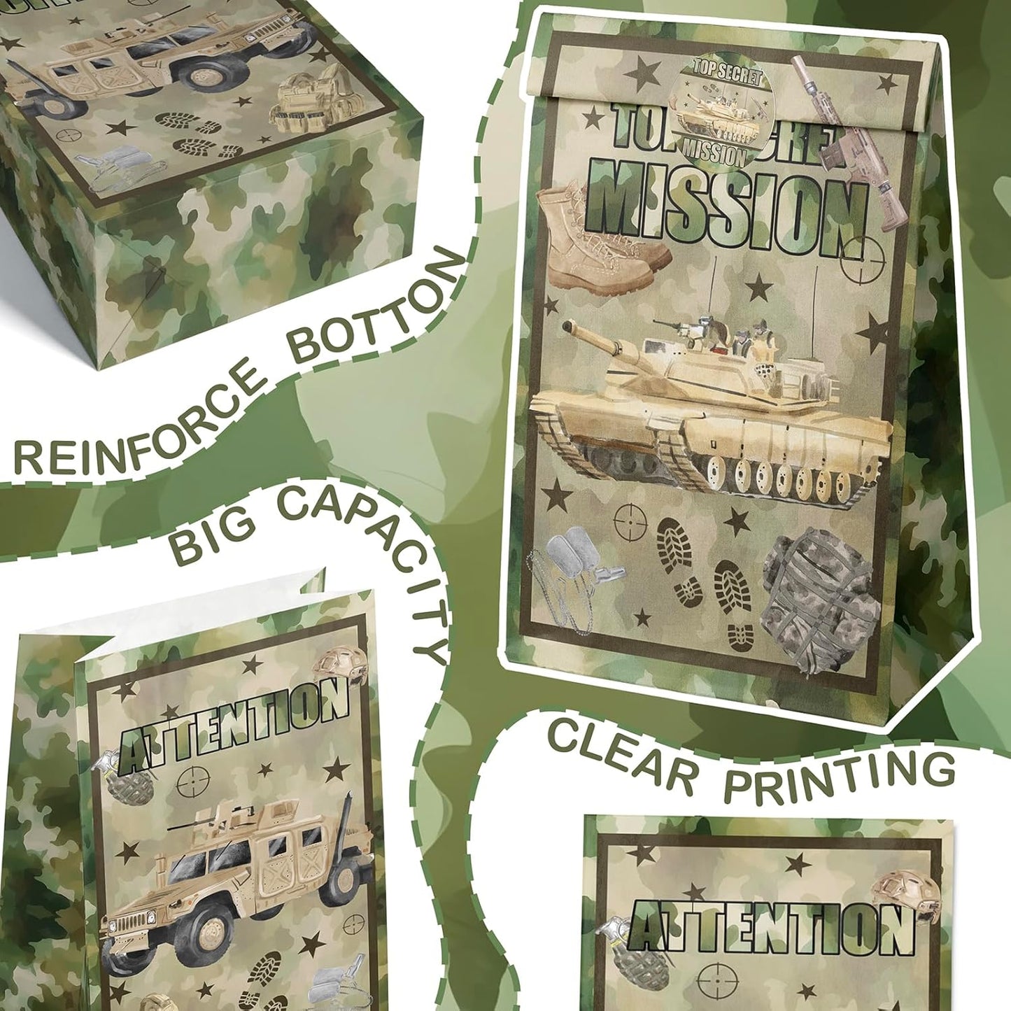 Army Party Favor Bags – 24 Pcs Camouflage Gift Bags with 4 Designs, Military Party Supplies for Kids Birthday Decorations and Tough Mission Theme Goodie Bags