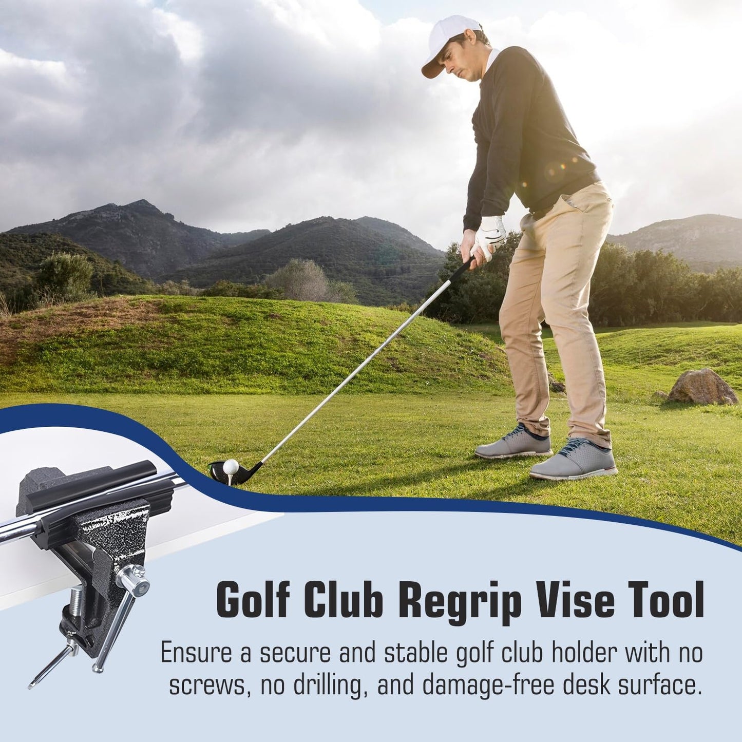 Golf Grip Kit for Regripping Golf Clubs - Include Portable Table Vise Rubber Clamp, 15 Tapes Strips, Golf Grip Removal Tool with Solvent