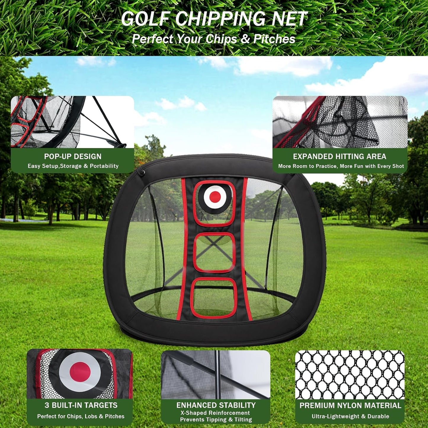 Golf Chipping Net Set with Mat & 12 Practice Balls – All-in-One Golf Training Kit – Portable, Easy Setup for Backyard & Indoor Use – Great Gift for Golfers and Beginners